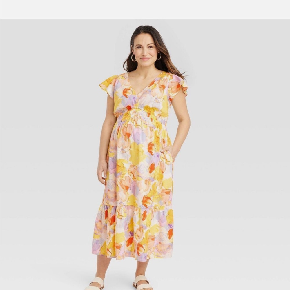 Isabel Maternity Flutter Sleeve Yellow Midi Dress XL